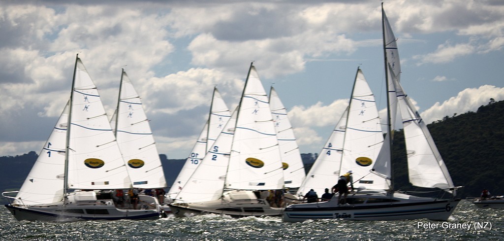 Not wanting to jump the start in the B1 race on the third day made a few hearts jump as the other boats made for the line also. Lake Rotorua 19th March. - 2009 IFDS World Blind Sailing Championship. photo copyright peter graney taken at  and featuring the  class