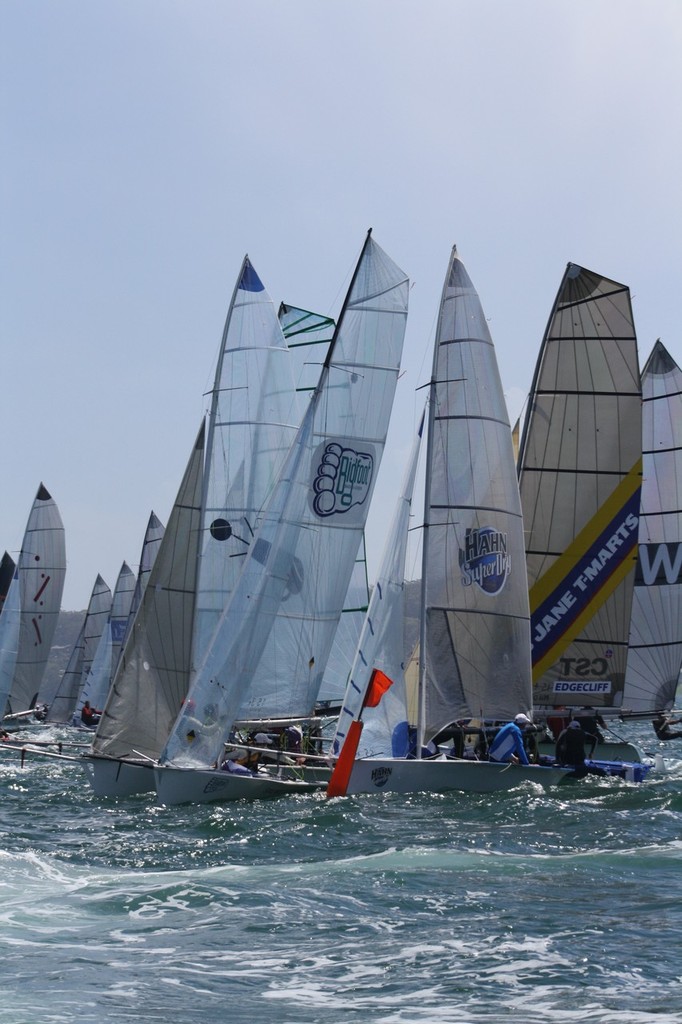 Tight pin end start of Heat 4 - Heat 4 Australian 16ft Skiff Championships photo copyright Annette Brennan taken at  and featuring the  class