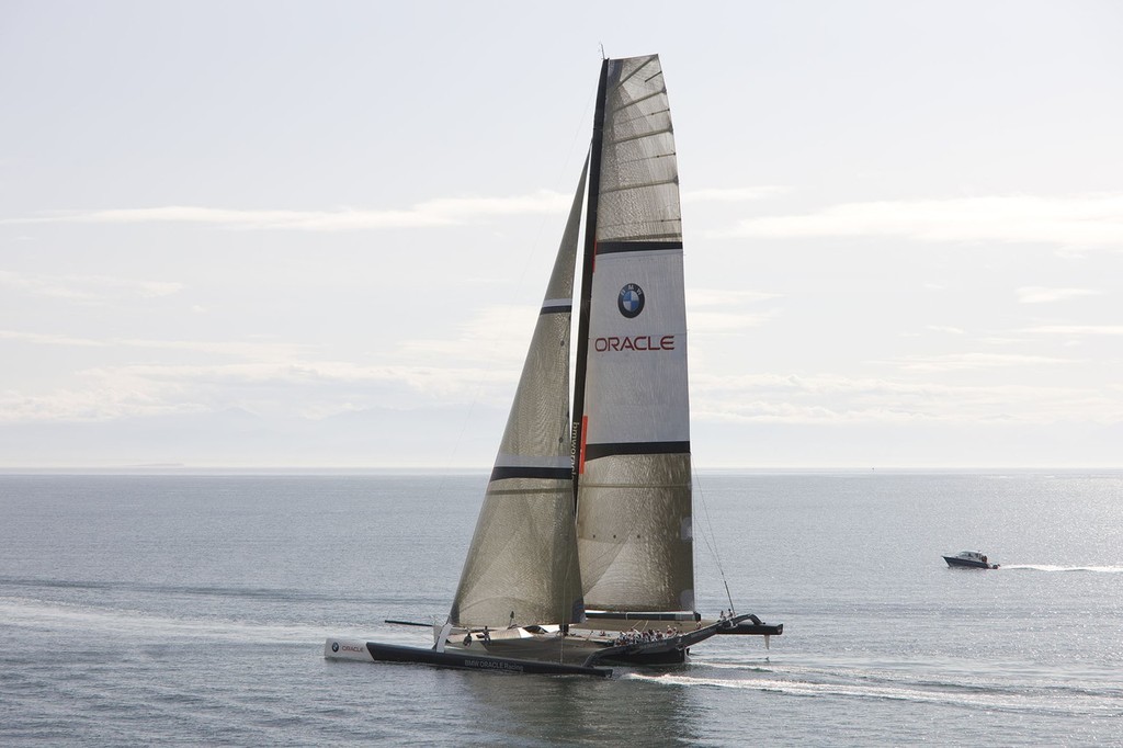 The newly launched BMW Oracle Racing trials off Anacortes, today under full sail for the first time. photo copyright BMW Oracle Racing Photo Gilles Martin-Raget http://www.bmworacleracing.com taken at  and featuring the  class