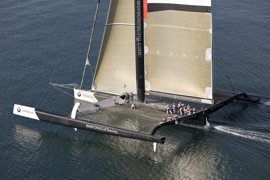 The newly launched BMW Oracle Racing trials off Anacortes, today under full sail for the first time. photo copyright BMW Oracle Racing Photo Gilles Martin-Raget http://www.bmworacleracing.com taken at  and featuring the  class