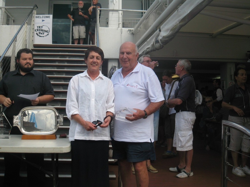 John Kirkjian, owner Lady Ann, accepting his trophies for second  place in IRC Non Spinnaker and PHS Non Spinnaker in the Monica Geddes Memorial Trophy Race  © ACE Marine Photography Mowtell