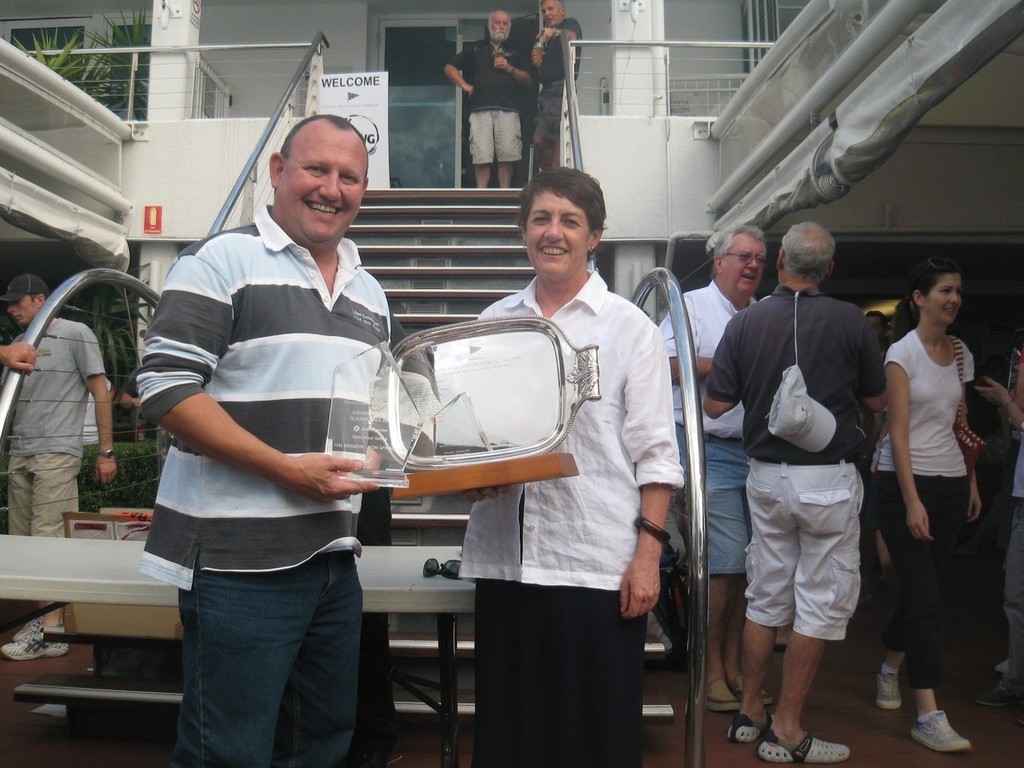 Grant Pollock of l’Eau Co accepting the Monica Geddes Memorial Trophy from Louisa Geddes  © ACE Marine Photography Mowtell