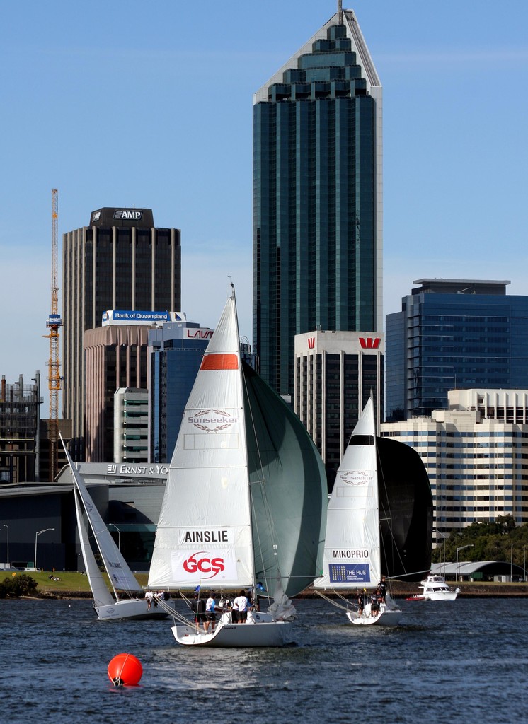 Ainslie (foreground) and Minoprio (background) against the Perth skyline. Sunseeker Australia Cup Day 2  
 photo copyright Sail-World.com /AUS http://www.sail-world.com taken at  and featuring the  class