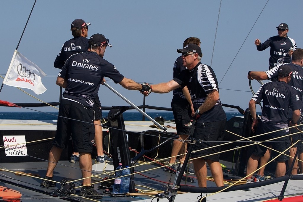 Handshakes all round on another AudiMed Cup for Emirates Team NZ photo copyright Ian Roman/Audi MedCup http://2008.medcup.org/home/ taken at  and featuring the  class