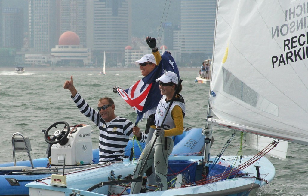 Elise Rechichi and Tessa Parkinon 470 Women Gold medal with their coach Victor Kovalenko - Day 10 Olympics - Qingdao 2008 photo copyright Sail-World.com /AUS http://www.sail-world.com taken at  and featuring the  class