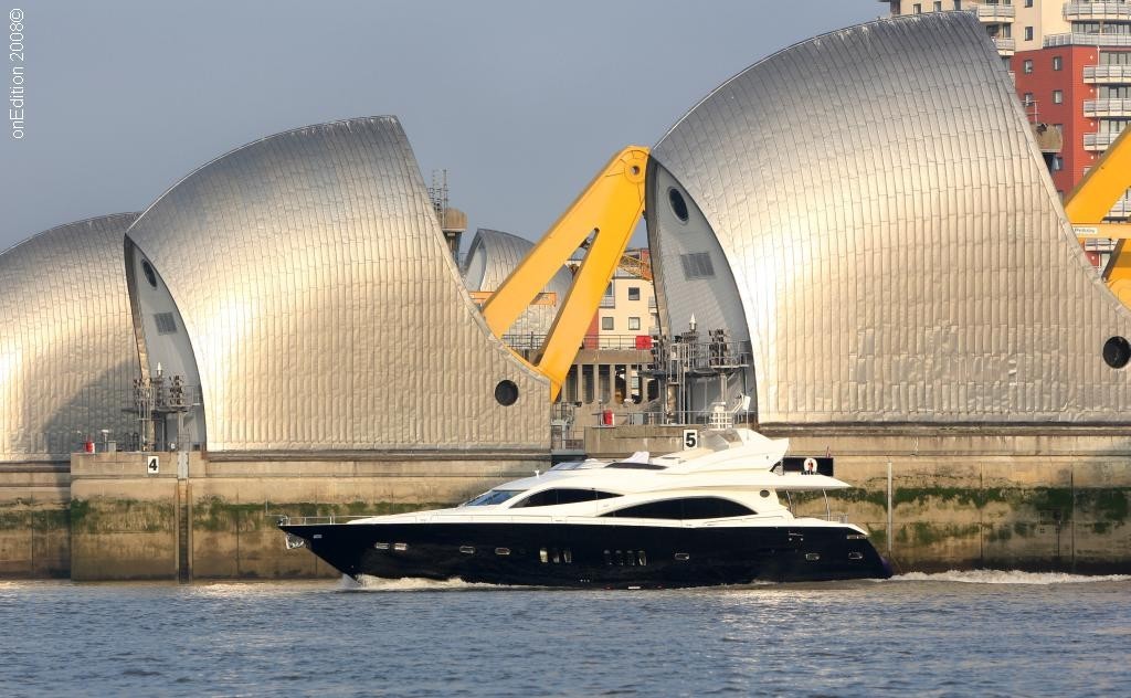 Arrive in style - Sunseeker pass Thames Barrier photo copyright onEdition - Boatshow taken at  and featuring the  class
