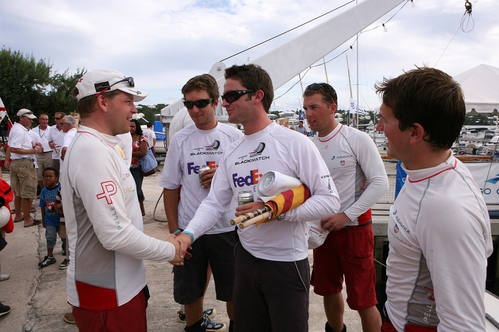 Johnnie Berntsson (left) is congratulated by Adam Minoprio after the final  of King Edward VII Gold Cup photo copyright WMRT http://www.worldmatchracingtour.com taken at  and featuring the  class