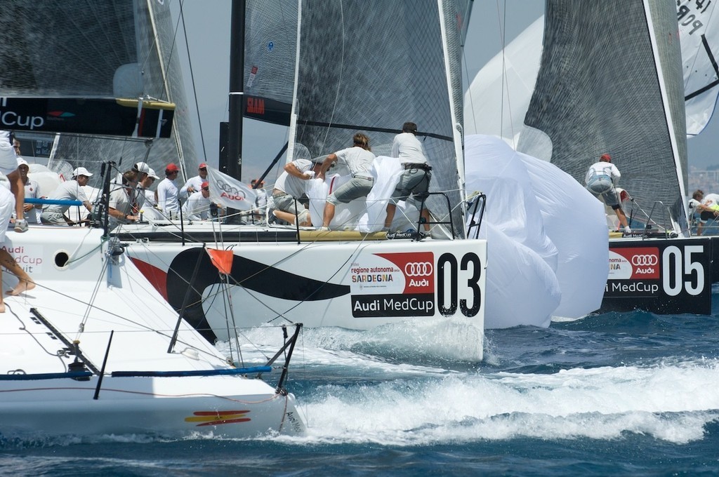 Matador haul in their spinnaker in race ten, day five, Sardinia Trophy, Audi MedCup 25/7/2009 photo copyright Emirates Team New Zealand / Photo Chris Cameron ETNZ  taken at  and featuring the  class