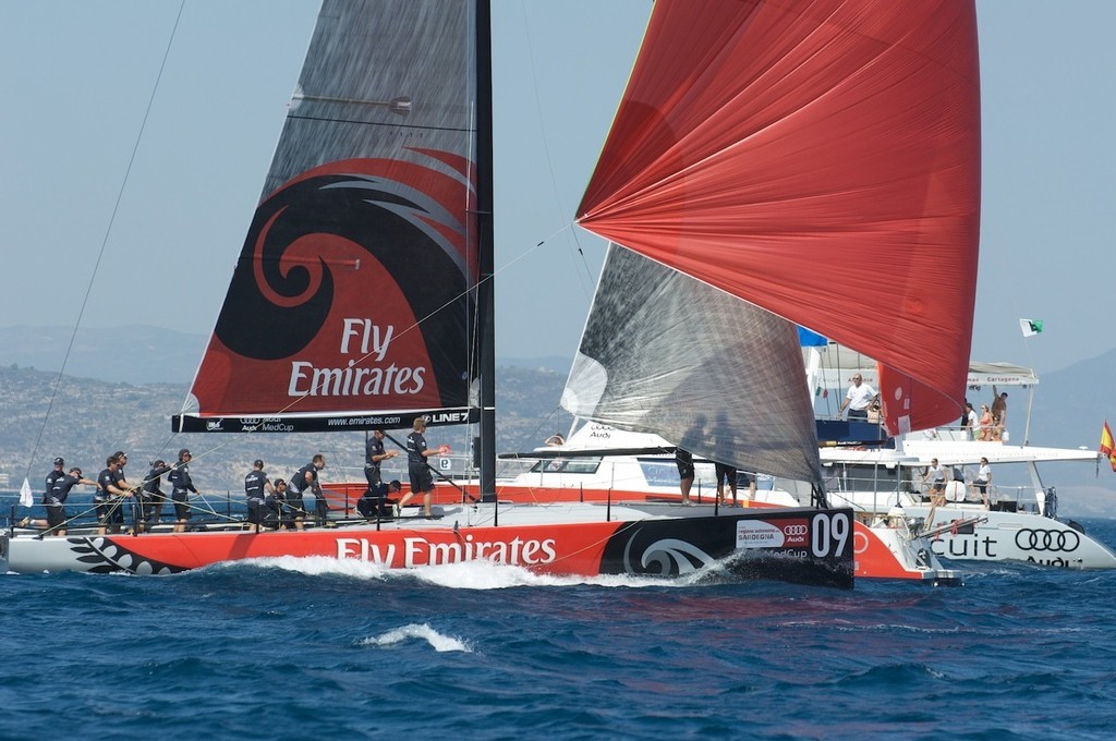 Emirates Team New Zealand NZL380 cross the line for a second placing in the final race and a 14.5 point lead to take the regatta, Sardinia Trophy, Audi MedCup 25/7/2009 photo copyright Emirates Team New Zealand / Photo Chris Cameron ETNZ  taken at  and featuring the  class