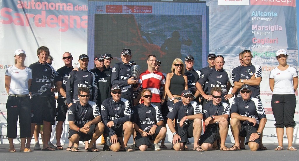 Emirates Team New Zealand assemble on stage at the prize giving as winners of the Sardinia Trophy, Audi MedCup  © Emirates Team New Zealand / Photo Chris Cameron ETNZ 