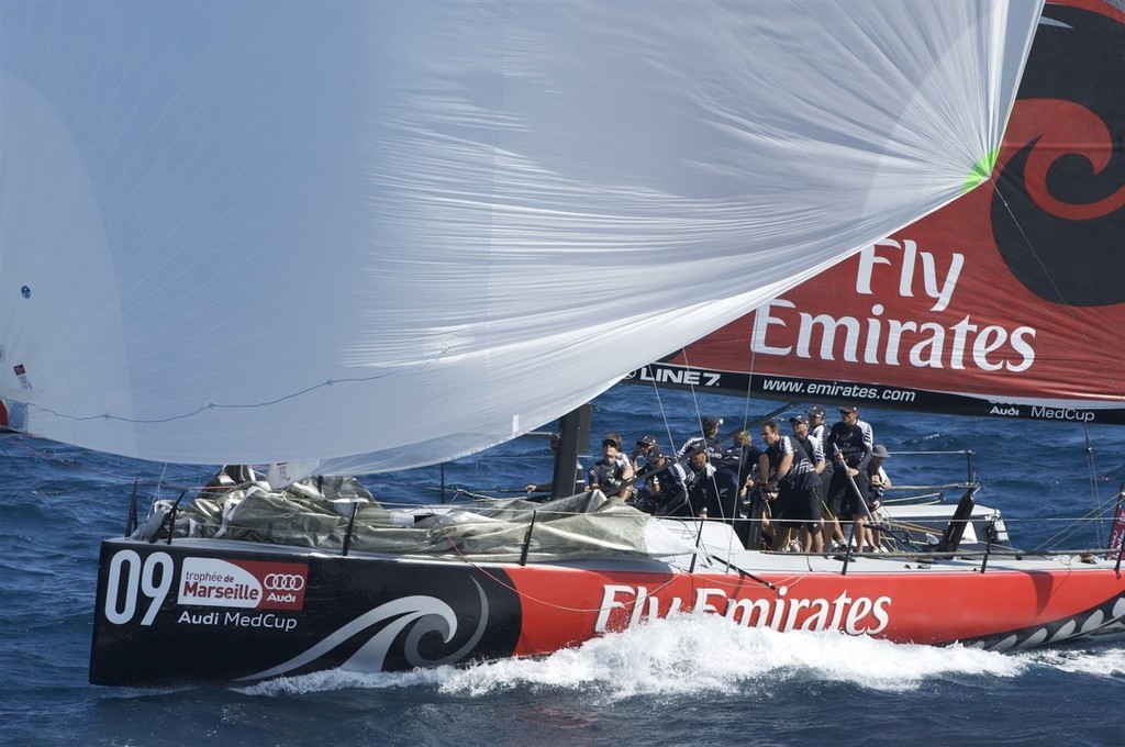 Emirates Team New Zealand NZL380 lead the fleet on the first leeward leg of race nine, day four, Trophee de Marseille, MedCup 2009 regatta. 13/6/2009 photo copyright Emirates Team New Zealand / Photo Chris Cameron ETNZ  taken at  and featuring the  class