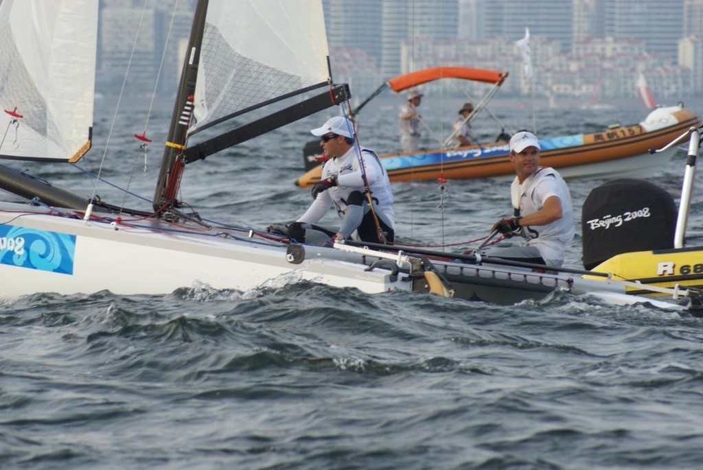 Glenn Ashby and Darren Bundock (helm) after finishing the first race in the Tornado at the 2008 Olympic Regatta - Day 7 photo copyright Richard Gladwell www.photosport.co.nz taken at  and featuring the  class