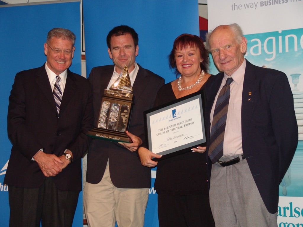 Winner of the 2006 Sailor of the Year, Mike Sanderson (second left) with Peter Montgomery (left); Debbie Kelly from sponsor Carlson Wagonlit Travel, and 1956 Olympic Gold Medalist, Jack Cropp © Richard Gladwell www.photosport.co.nz