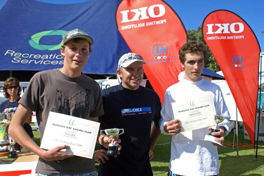 Travis Dow (left) and Spencer Loxton (right) with Ray Davies (ETNZ) top Youth crew at the OKI 24 Hour Race, Lake Pupuke photo copyright Richard Gladwell www.photosport.co.nz taken at  and featuring the  class