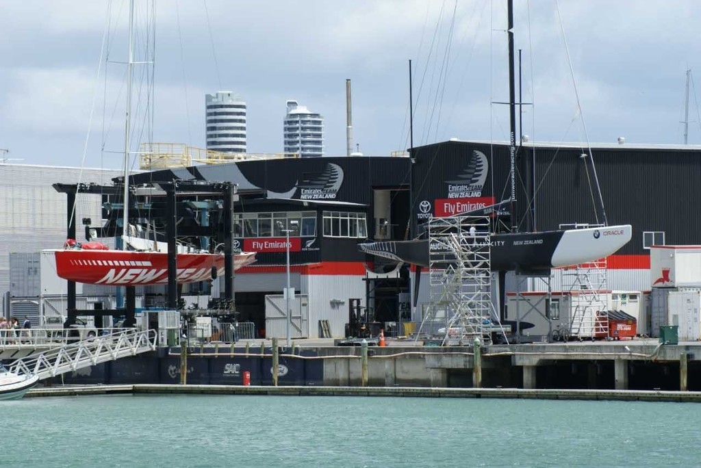 The earlier generation America’s Cupper sits alongside one of BMW Oracle Racing’s V5 yachts - Viaduct Harbour - 19 January 2009 photo copyright Richard Gladwell www.photosport.co.nz taken at  and featuring the  class