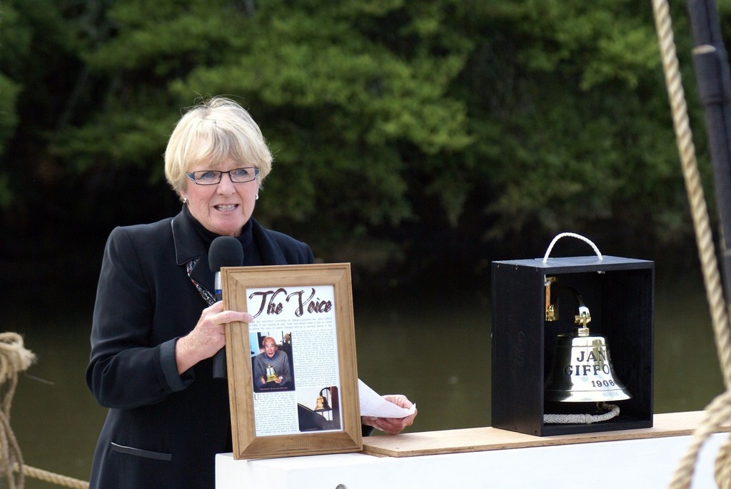 The ship bell, the ship’s ``voice``, is presented by Val Sutherland to the Jane Gifford. The bell was donated by the late Peter Dawson photo copyright Richard Gladwell www.photosport.co.nz taken at  and featuring the  class