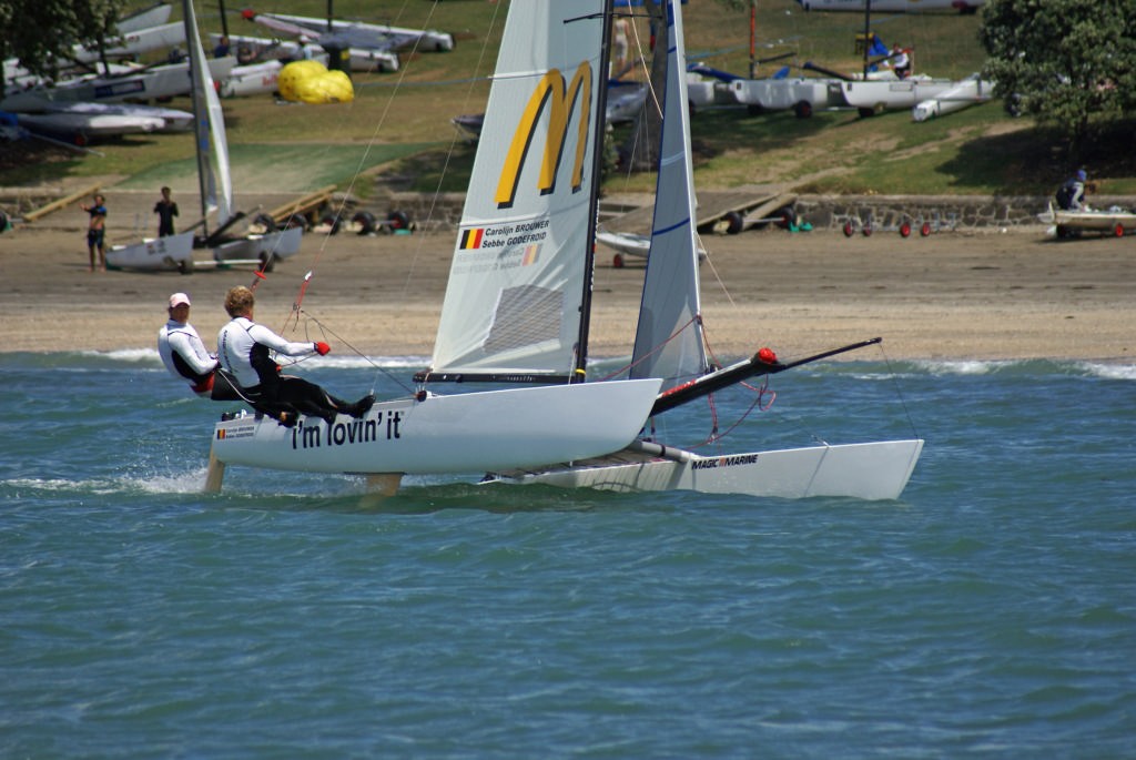 Carolijn Brouwer and Sebbe Godefroid (BEL) silver medalists 2007 Tornado Worlds training off Takapuna Beach. photo copyright Richard Gladwell www.photosport.co.nz taken at  and featuring the  class