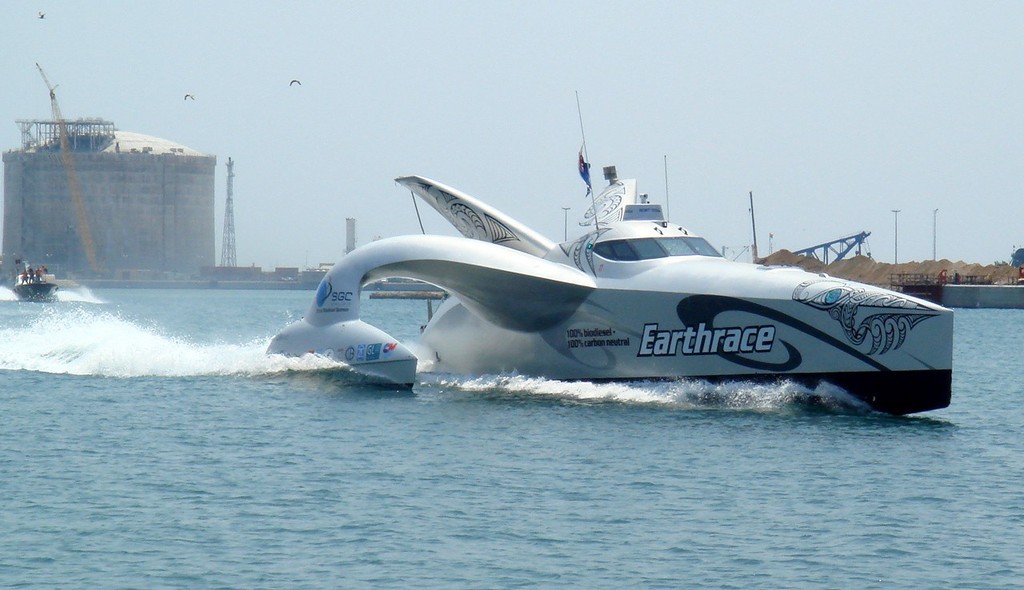 Earthrace crosses the finishing line - Sagunto Spain - after breaking Round the World Record photo copyright Earthrace Media http://www.earthrace.net taken at  and featuring the  class