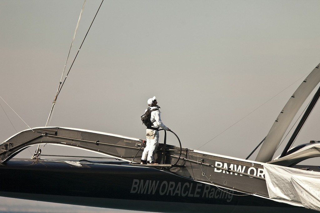01/02/2010 - Valencia (ESP) - 33rd America's Cup - BMW ORACLE Racing -James Spithill has a long way to look up. photo copyright BMW Oracle Racing Photo Gilles Martin-Raget http://www.bmworacleracing.com taken at  and featuring the  class