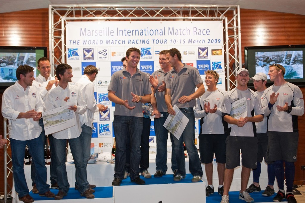 Adam Minoprio and the BlackMatch racing crew enjoy their moment of glory on the podium at the opening event of the World Match Racing Tour 2009 at Marseilles © Photo: Gilles Martin-Raget / MIMR www.martin-raget.com