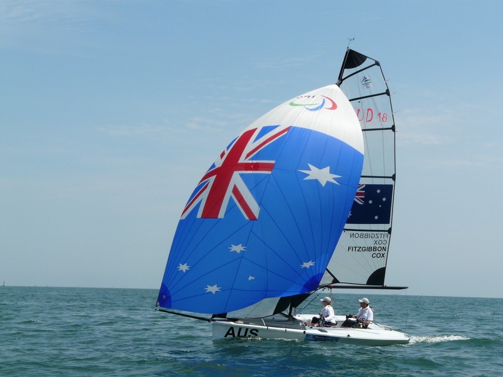 The Australian SKUD 18 team competing in the Practice race, 2008 Paralympics, Qingdao photo copyright George Layton taken at  and featuring the  class