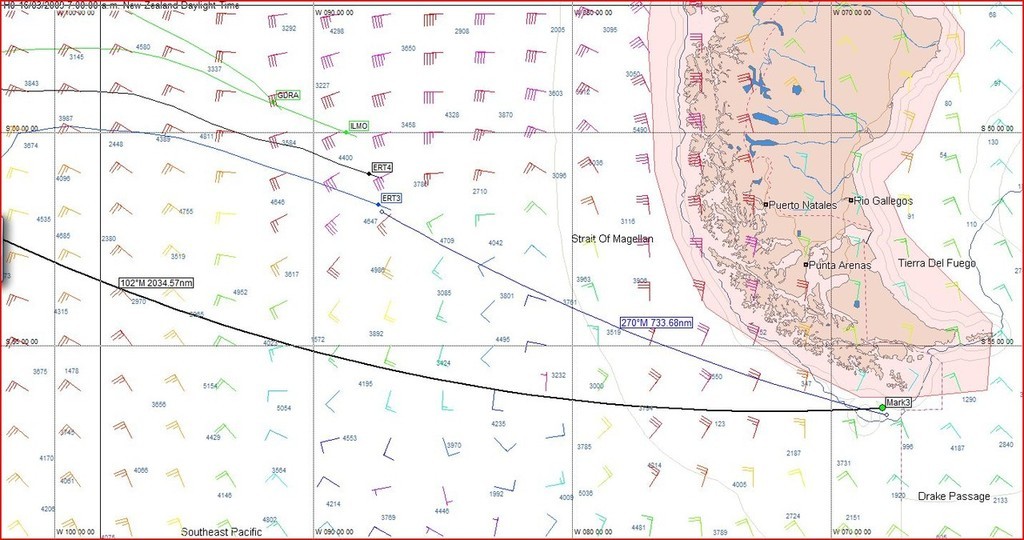 Current wind conditions and positions as at 0400hrs on 16 March 2009, also showing distance from Cape Horn © Predictwind.com/iexpedition.org www.predictwind.com