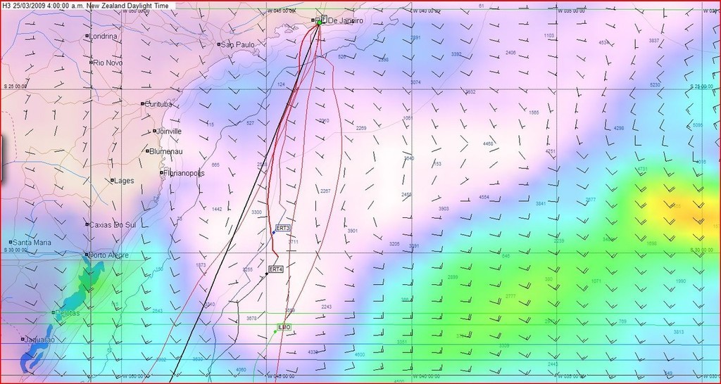 Winds at 0700hrs NZT or 1800hrs on 24 March 2009 UTC, showing plenty of light and variable winds between the leaders and Rio - but optimised courses have been added, showing the leaders taking a direct route to the finish. © Predictwind.com/iexpedition.org www.predictwind.com
