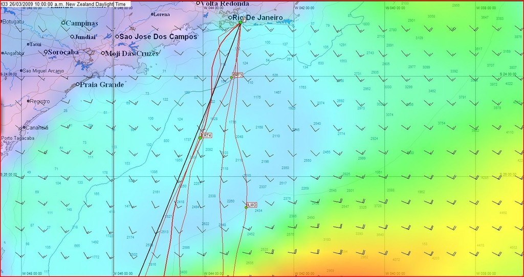 Position and winds at 1000hrs NZT on 26 March 2100hrs UTC on 25 March, showing that ericsson has skated away in the steady breeze. To the right there is the advancing stronger wind system which never quite gets to the most right hand yacht, Puma Racing.  © Predictwind.com/iexpedition.org www.predictwind.com
