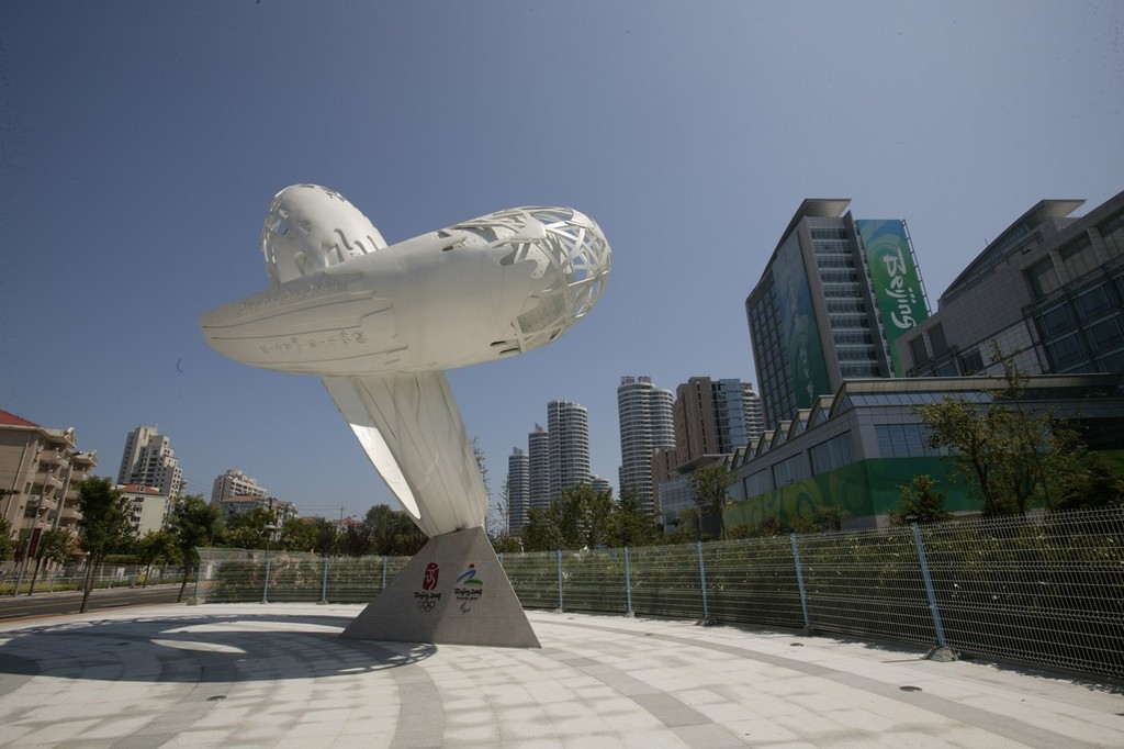 Qingdao Olympic Regatta 2008. The grand sculpture at the entrance to the Sailing Centre. photo copyright Guy Nowell http://www.guynowell.com taken at  and featuring the  class