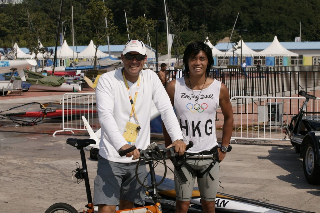 Qingdao Olympic Regatta 2008. Chan King Yin (HKG) and HK National Windsurfing coach Rene Appel. photo copyright Guy Nowell http://www.guynowell.com taken at  and featuring the  class