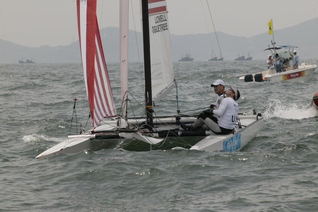 Qingdao Olympic Regatta 2008. The much-discussed and reported upwind Code 0 on Charley Ogletree and John Lovell (USA)'s Tornado. photo copyright Guy Nowell http://www.guynowell.com taken at  and featuring the  class