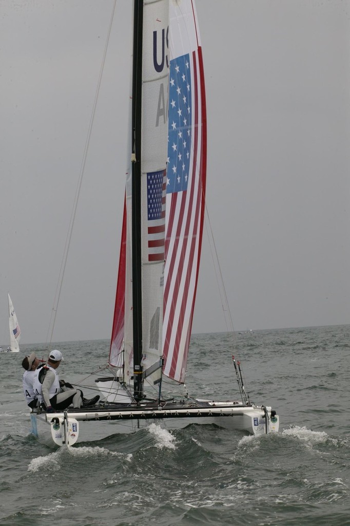 Qingdao Olympic Regatta 2008. The much-discussed and reported upwind Code 0 on Charley Ogletree and John Lovell (USA)'s Tornado - from behind... photo copyright Guy Nowell http://www.guynowell.com taken at  and featuring the  class