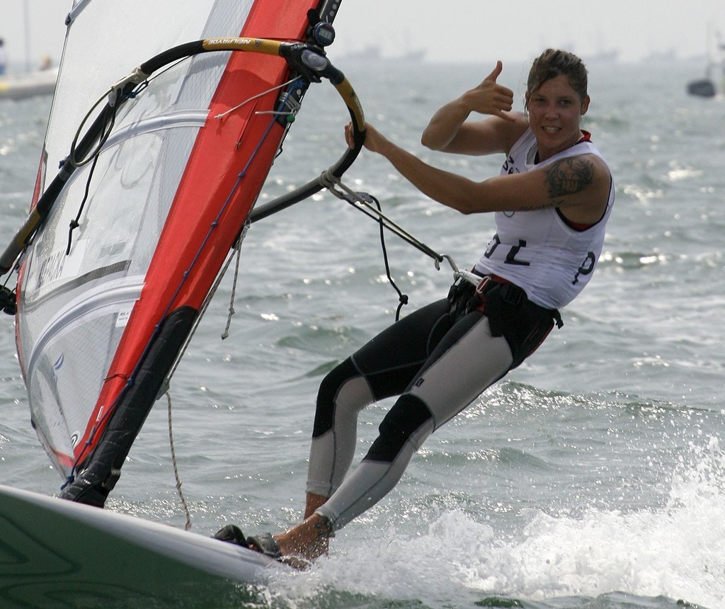 Qingdao Olympic Regatta 2008. RS:X Women's.  Zofia Klepacka (POL) happy at winning race 8. photo copyright Guy Nowell http://www.guynowell.com taken at  and featuring the  class