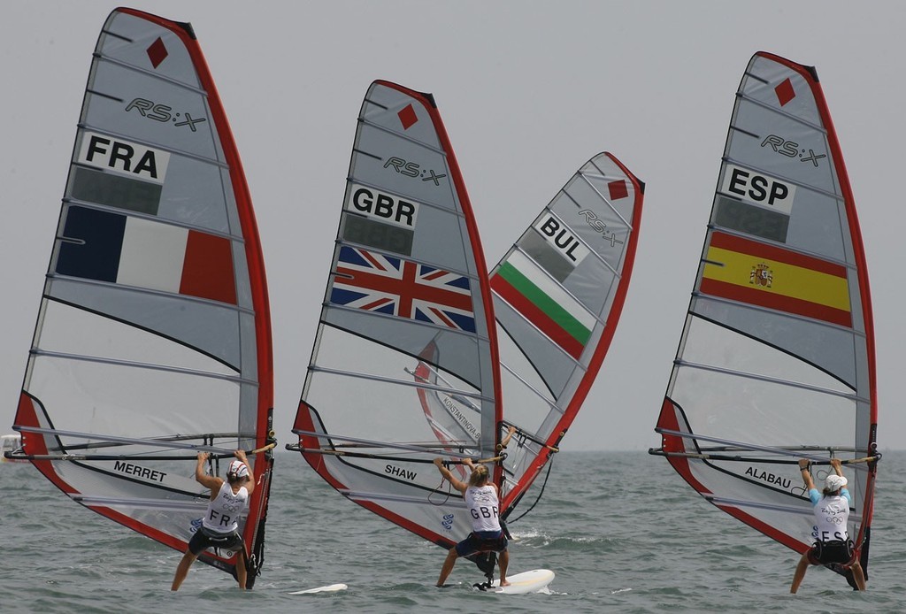 Qingdao Olympic Regatta 2008. RS:X. FRA, GBR, BUL and ESP girls line up. photo copyright Guy Nowell http://www.guynowell.com taken at  and featuring the  class