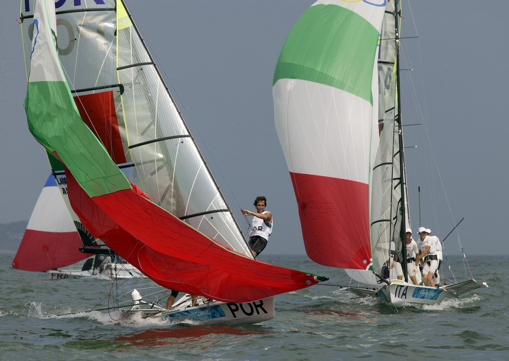 Qingdao Olympic Regatta 2008. Portugal drops in front of Italy. 49er. photo copyright Guy Nowell http://www.guynowell.com taken at  and featuring the  class