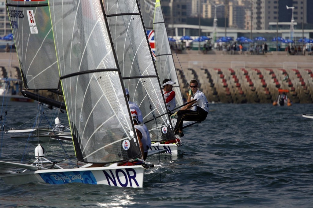 Qingdao Olympic Regatta 2008. 49er. Inshore start. photo copyright Guy Nowell http://www.guynowell.com taken at  and featuring the  class