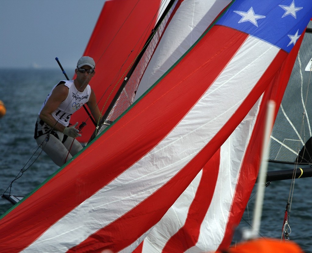 Qingdao Olympic Regatta 2008. 49er. Star spangled banner. photo copyright Guy Nowell http://www.guynowell.com taken at  and featuring the  class