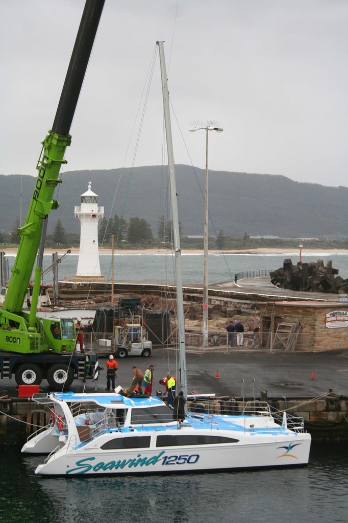 Seawind 1250 Mast being stepped by crane - New 41ft Seawind 1250 Launch © Brent Vaughan