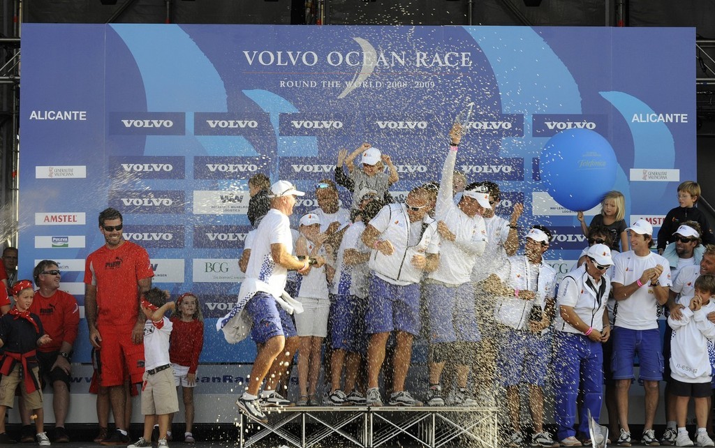 Telefonica Blue skipper Bouwe Bekking and his crew celebrate winning the Volvo Ocean race in-port racing day in Alicante, Spain. photo copyright Rick Tomlinson/Volvo Ocean Race http://www.volvooceanrace.com taken at  and featuring the  class