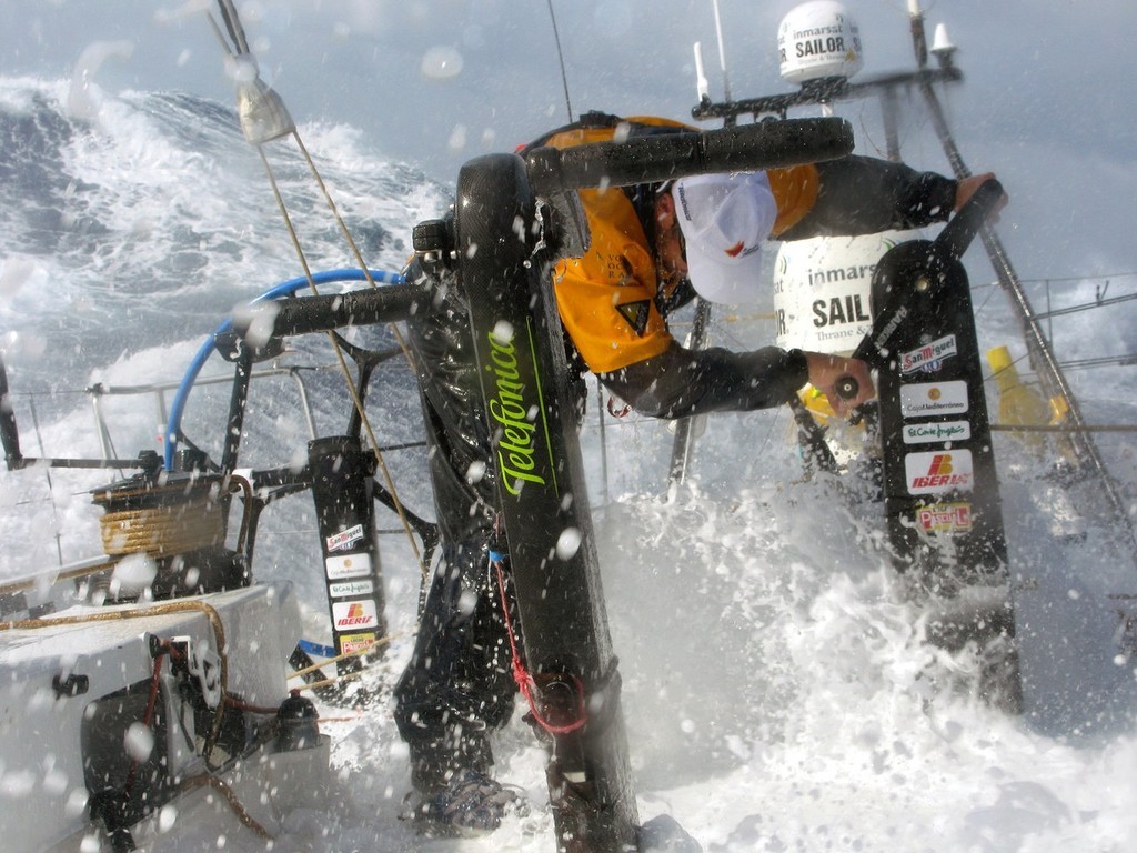 Mikel Pasabant/Equipo Telefonica/Volvo Ocean Race.
Grinding in punishing conditions onboard Telefonica Black as the fleet races South during Leg 1.

 photo copyright Volvo Ocean Race http://www.volvooceanrace.com taken at  and featuring the  class