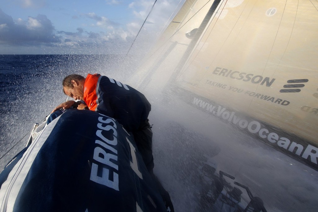 Gustav Morin/Ericsson Racing Team/Volvo Ocean Race. Mid-Bowman Anders Dahlsjö fixes the stack onboard  Ericsson 3, chasing the pack South during Leg 1.<br />
<br />
 © Volvo Ocean Race http://www.volvooceanrace.com