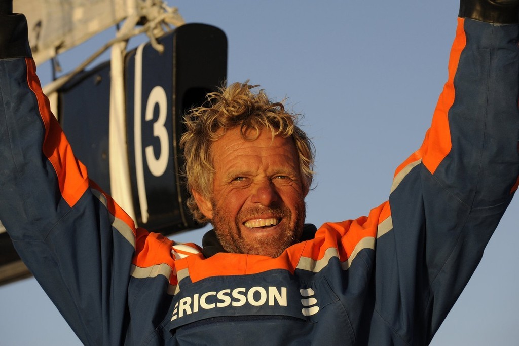 Magnus Olsson celebrating - Ericsson 3 finish third boat into Cape Town on leg 1 of the 2008/09 Volvo Ocean Race. Image by Rick Tomlinson: photo copyright Rick Tomlinson/Volvo Ocean Race http://www.volvooceanrace.com taken at  and featuring the  class