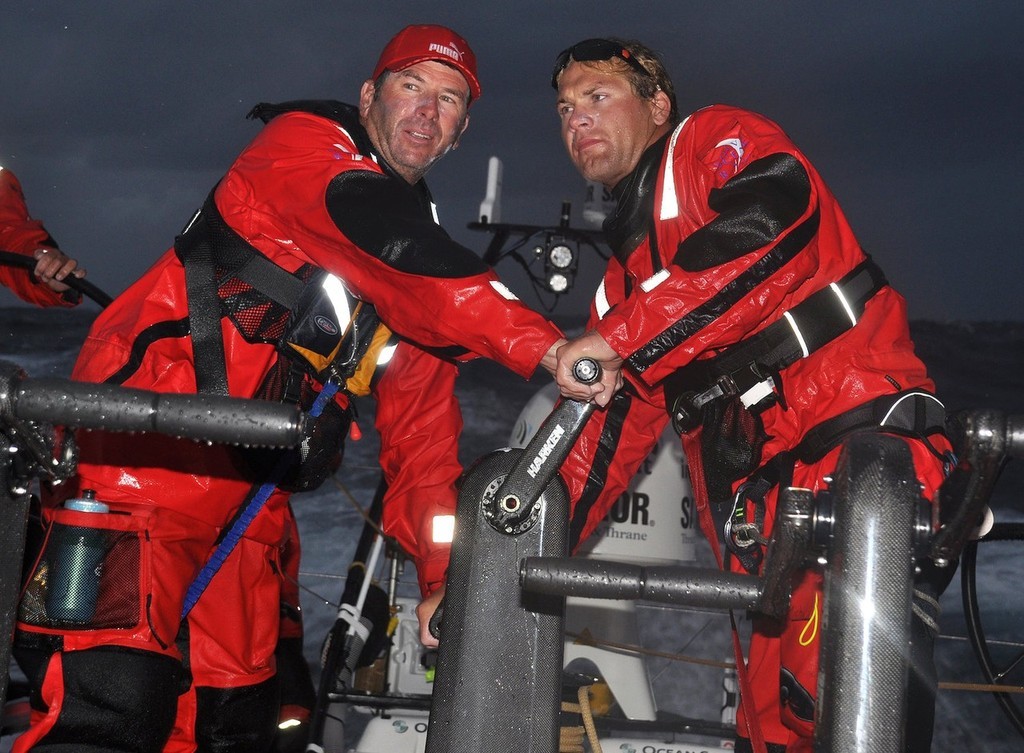 Rob Salthouse and Michael Muller on the grinder at dusk, on leg 2 of the Volvo Ocean Race, from Cape Town, South Africa, to Cochin, India © Volvo Ocean Race http://www.volvooceanrace.com