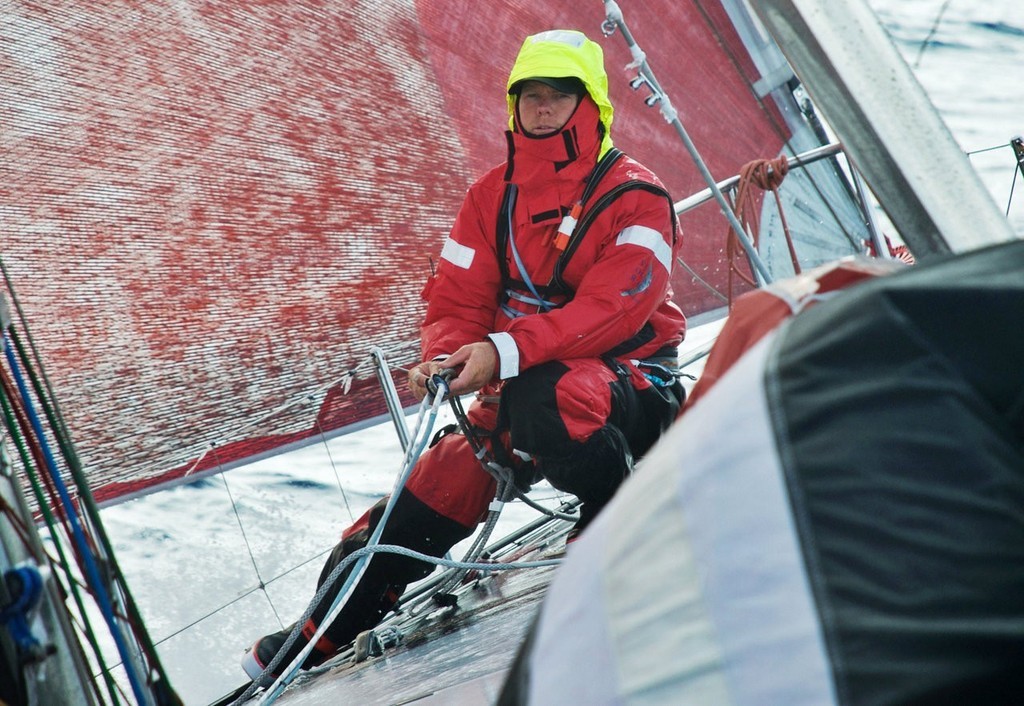 Casey Smith on the bow, onboard PUMA Ocean Racing, on leg 5 of the Volvo Ocean Race, from Qingdao to Rio de Janeiro. © Rick Deppe/PUMA Ocean Racing/Volvo Ocean Race http://www.volvooceanrace.org