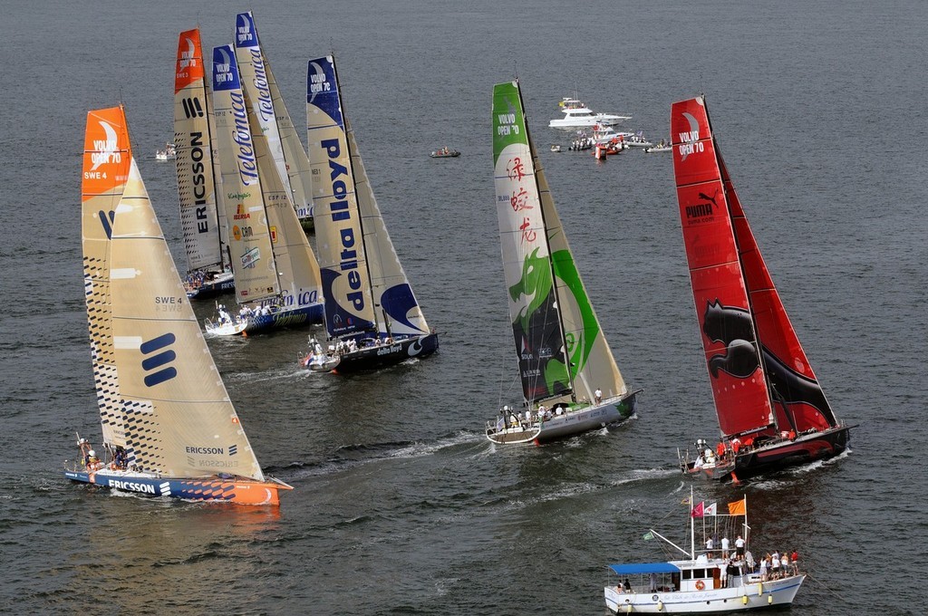 
The start of Leg 6 of the Volvo Ocean Race, from Rio de Janeiro to Boston. The fleet head out in light winds but a huge swell. photo copyright  David Kneale/Volvo Ocean Race http://www.volvooceanrace.com/ taken at  and featuring the  class