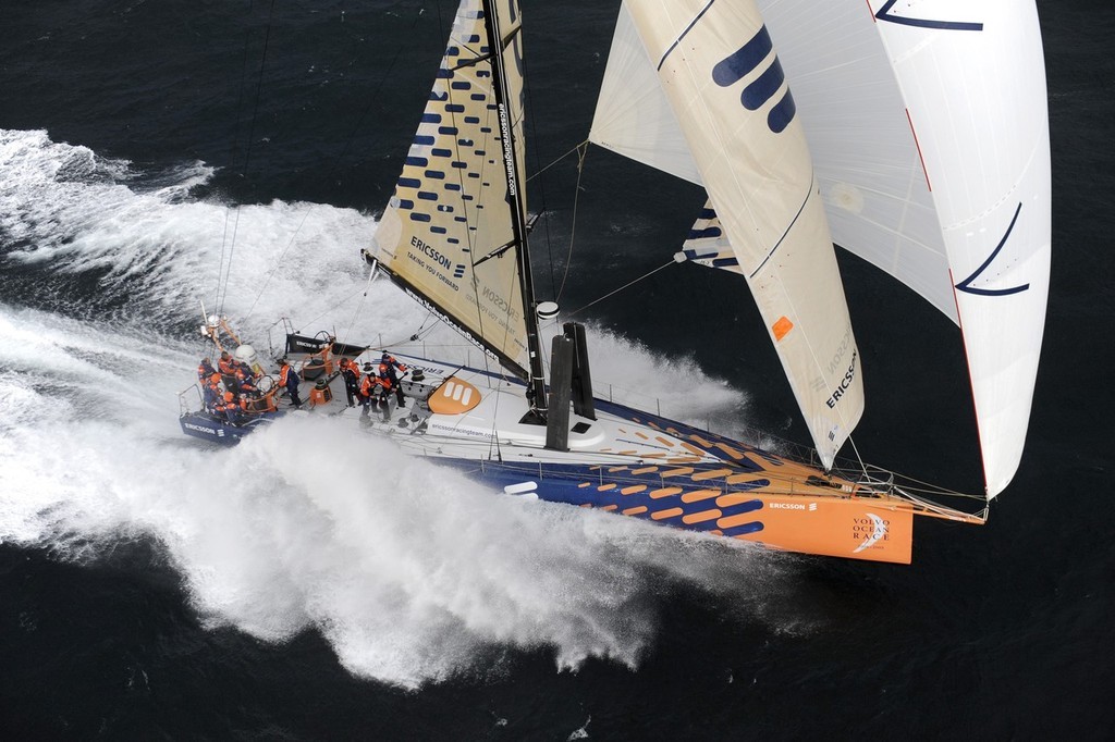 A planing hull, canting keel monohull of around 22 metres, as envisaged by the 34th America’s Cup parameters sailing at 30kts © Rick Tomlinson/Volvo Ocean Race http://www.volvooceanrace.com