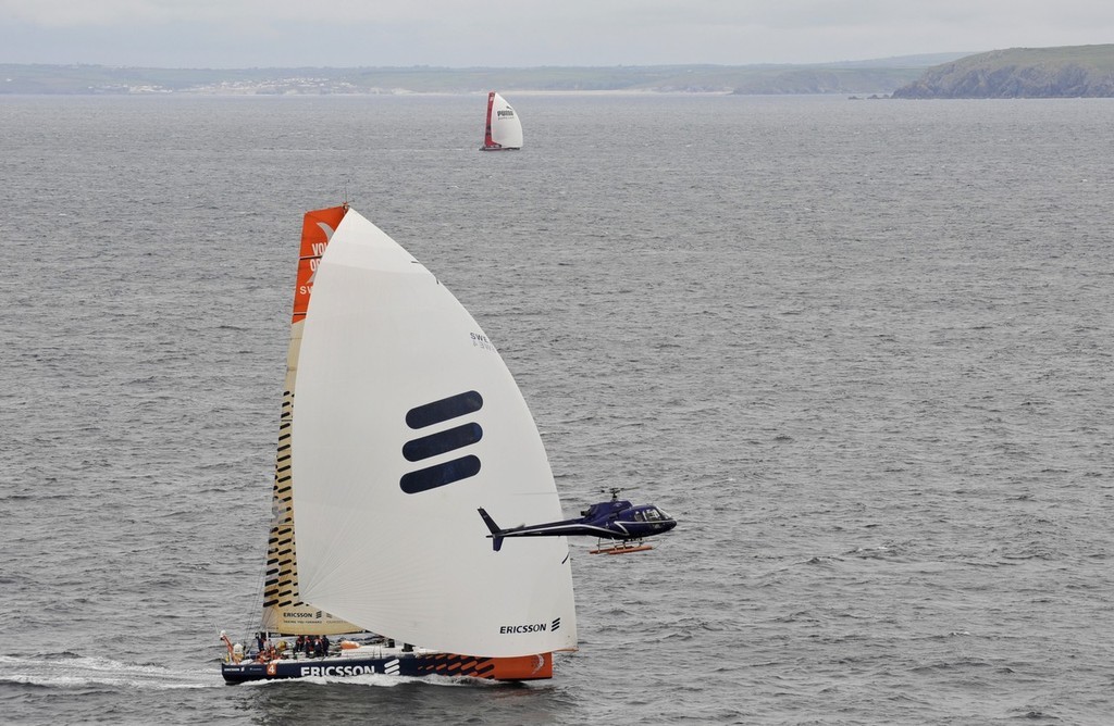 Ericsson 4 and PUMA Ocean Racing reach Land’s End on leg 8 from Galway to Marstrand. 
 photo copyright Rick Tomlinson/Volvo Ocean Race http://www.volvooceanrace.com taken at  and featuring the  class