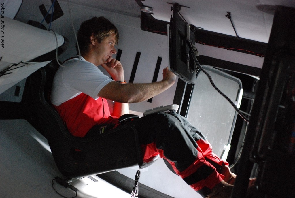 Navigator Ian Moore from Great Britain assumes his position below decks at the Navigation Station. photo copyright Green Dragon Racing http://www.greendragonracing.com taken at  and featuring the  class