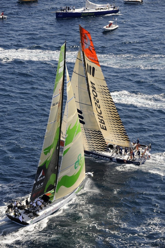 Ericsson 4 narrowly escapes Green Dragon as they approach the rounding mark in the Volvo Ocean race in-port race in Alicante, Spain. photo copyright Rick Tomlinson/Volvo Ocean Race http://www.volvooceanrace.com taken at  and featuring the  class