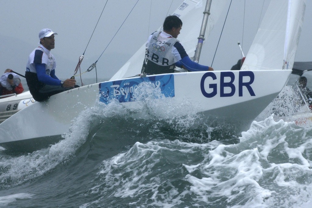 Qingdao Olympic Regatta 2008. Percy and Simpson (GBR) negotiate the spectator chop after claiming gold in the medal race. photo copyright Guy Nowell http://www.guynowell.com taken at  and featuring the  class